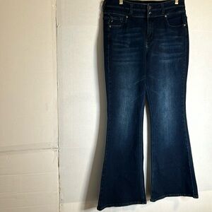 Kancan High Rise Dbl Button Dark Wash Lt Whiskering Western Flare Jeans Sz 13/30